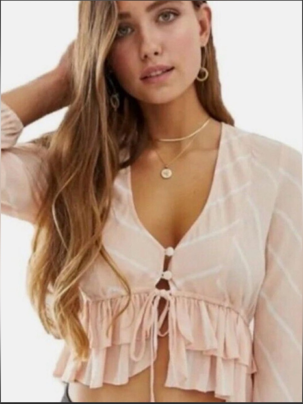 🍑Free People Samifran Chevron Ruffle Blouse in Peach & White-Large-NWT🍑
